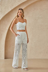 White Lace Wide-Leg Trousers with Paisley Pattern