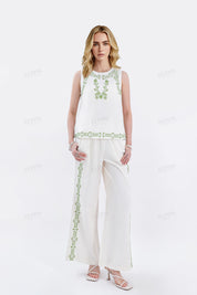 Beige Cotton-Linen Blend Embroidered Sleeveless Top