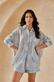 Light Blue Striped Shorts with Palm Leaf Embroidery