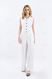 White Viscose-Linen Blend Striped Wide-Leg Pants