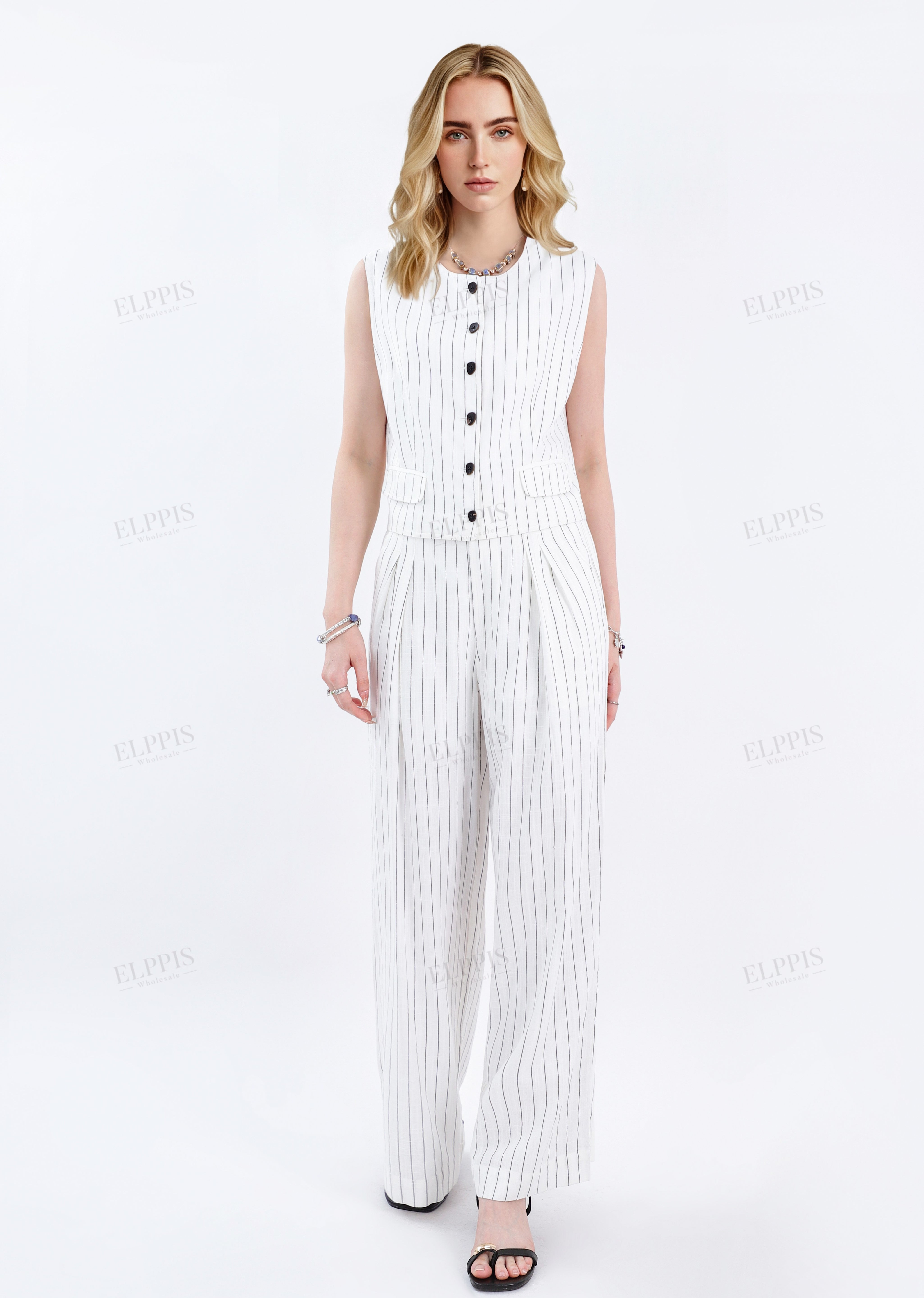 White Viscose-Linen Blend Striped Wide-Leg Pants