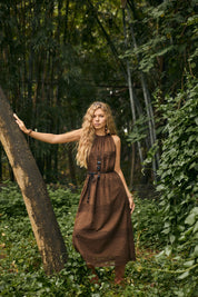 Chocolate Brown Sleeveless Halter Midi Dress with Eyelet Detail