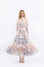 Sheer Tropical Floral Print Maxi Dress with Ruffled Sleeves