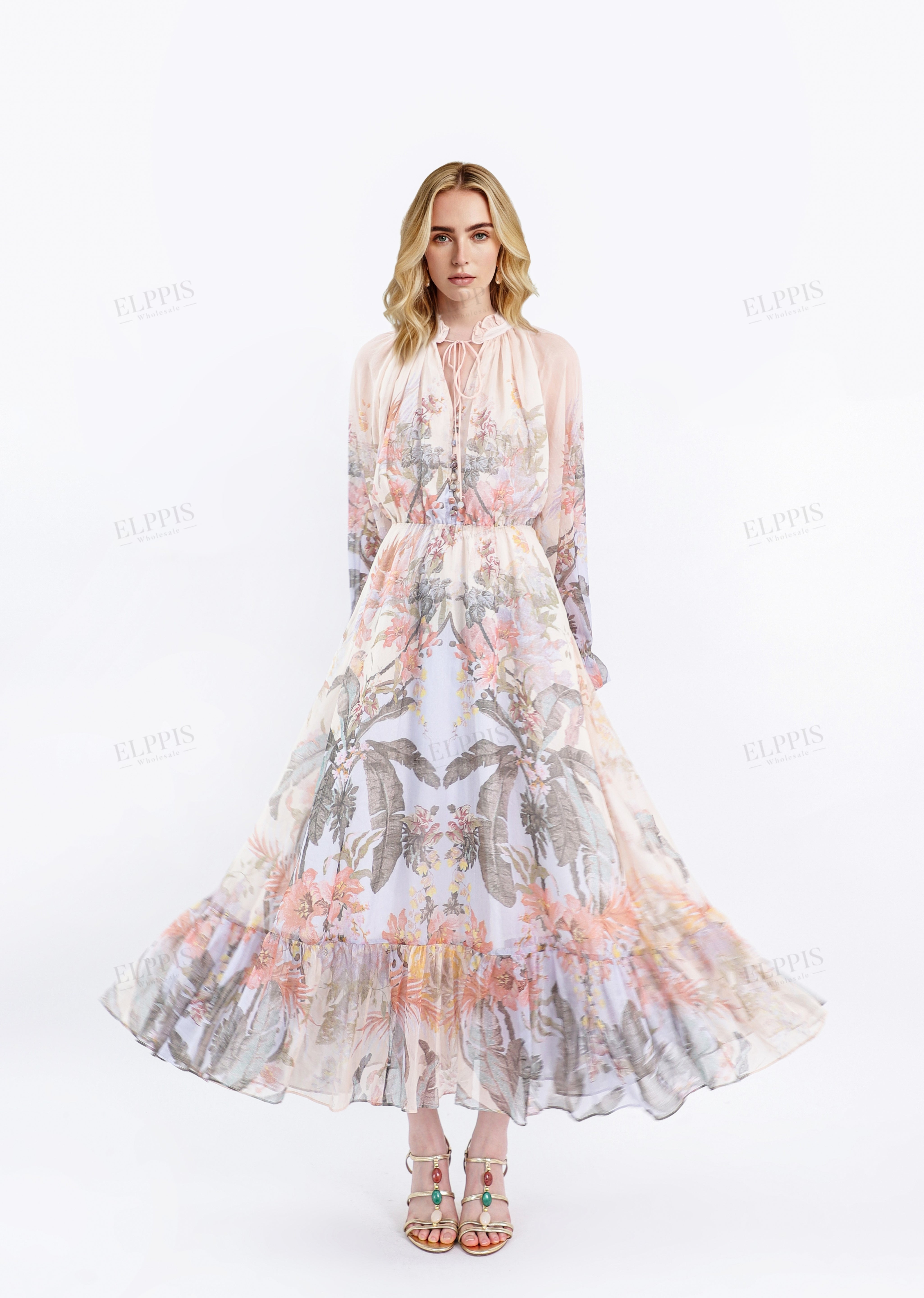 Sheer Tropical Floral Print Maxi Dress with Ruffled Sleeves