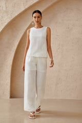 White Sleeveless Embroidered Linen-Blend Tank Top