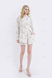Cream Rayon-Nylon Blend Floral Print Elastic Waist Shorts