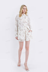 Cream Rayon-Nylon Blend Floral Print Elastic Waist Shorts