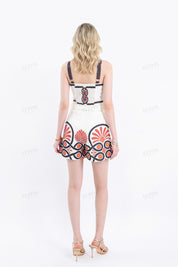 Cream High-Waisted Shorts with Red & Black Geometric Print & Buckle Belt
