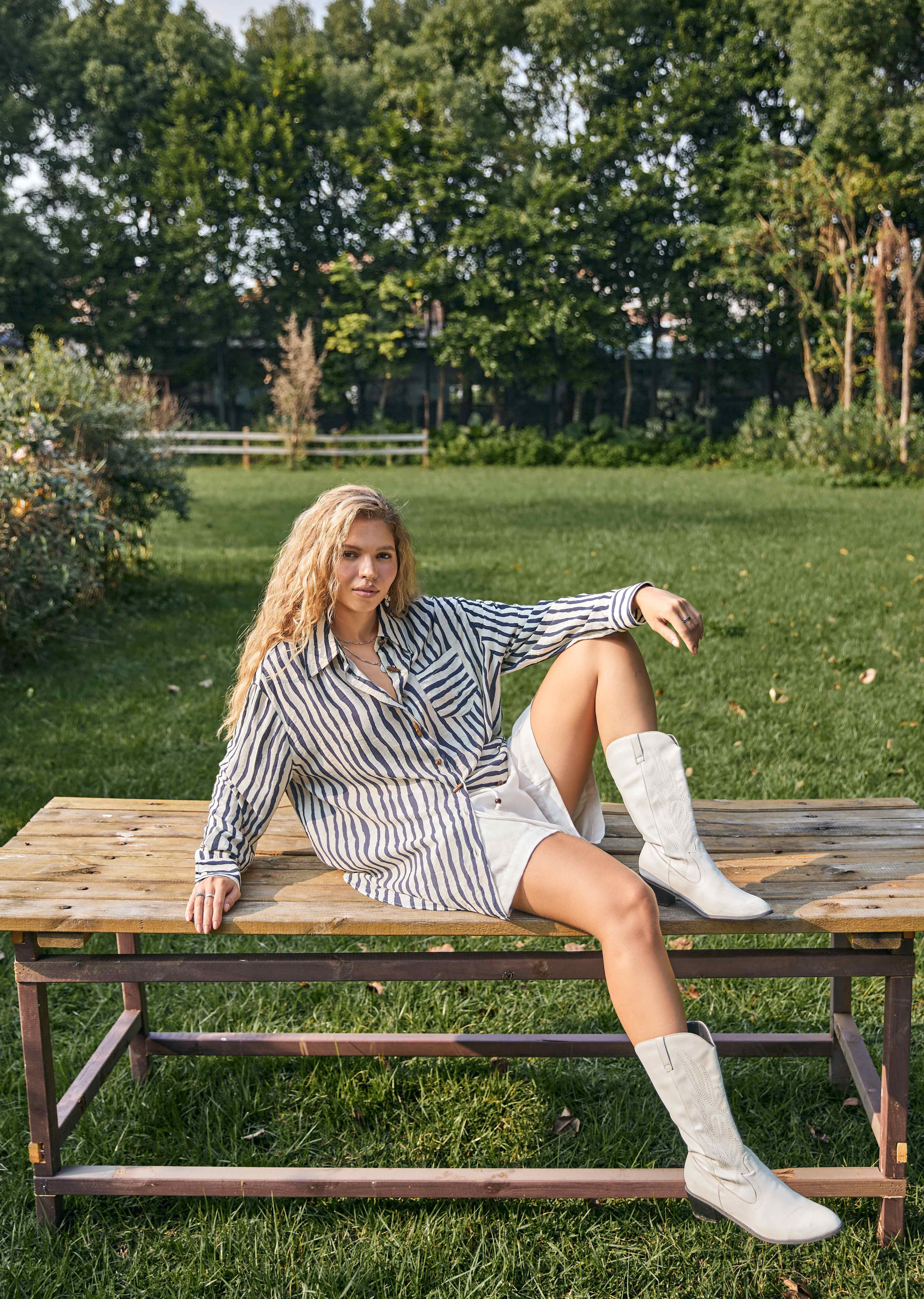 Ivory & Navy Striped Oversized Linen Shirt