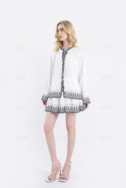 White Linen Blouse with Black Embroidered Trim & Tassel Detail