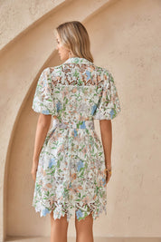 Floral Lace Puff Sleeve Shirt Dress with Belt