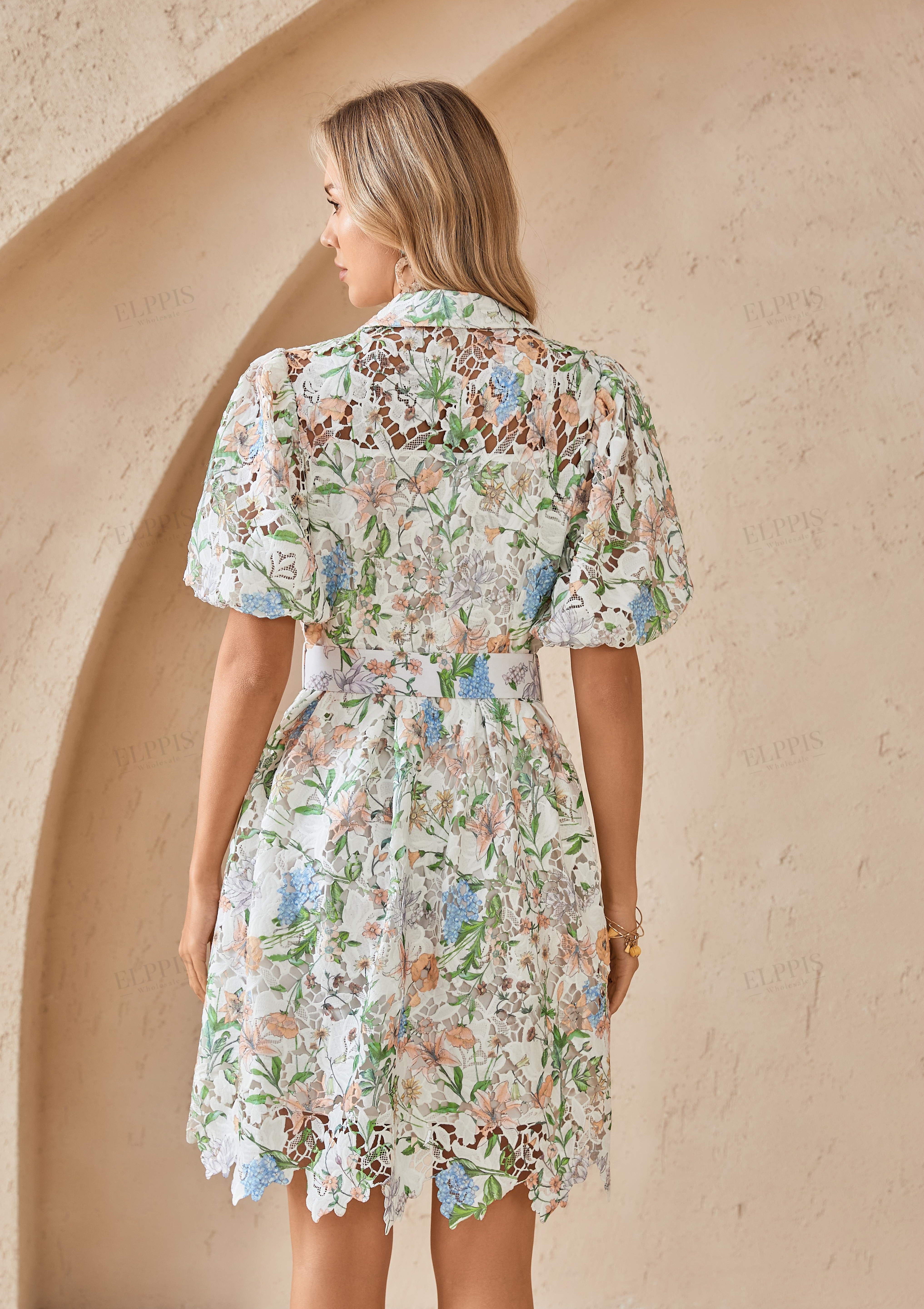 Floral Lace Puff Sleeve Shirt Dress with Belt