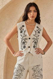 Beige Cotton-Linen Blend Floral Embroidery Sleeveless Vest
