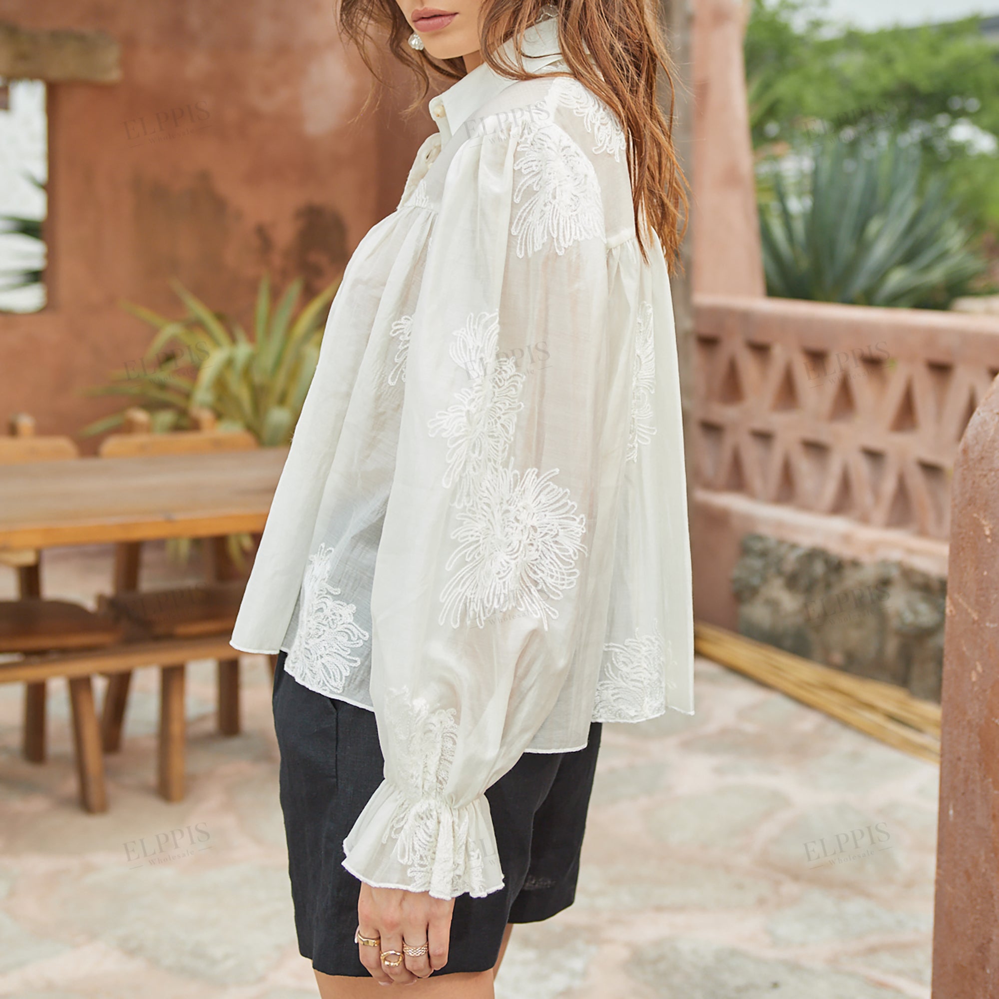 Tencel blend faux embroidery O-line long sleeve shirt