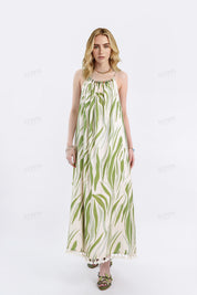 Green Leaf Print Halter Maxi Dress with Pom-Pom Hem