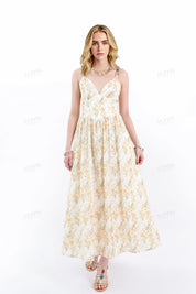 Cream & Yellow Floral Spaghetti Strap Midi Dress