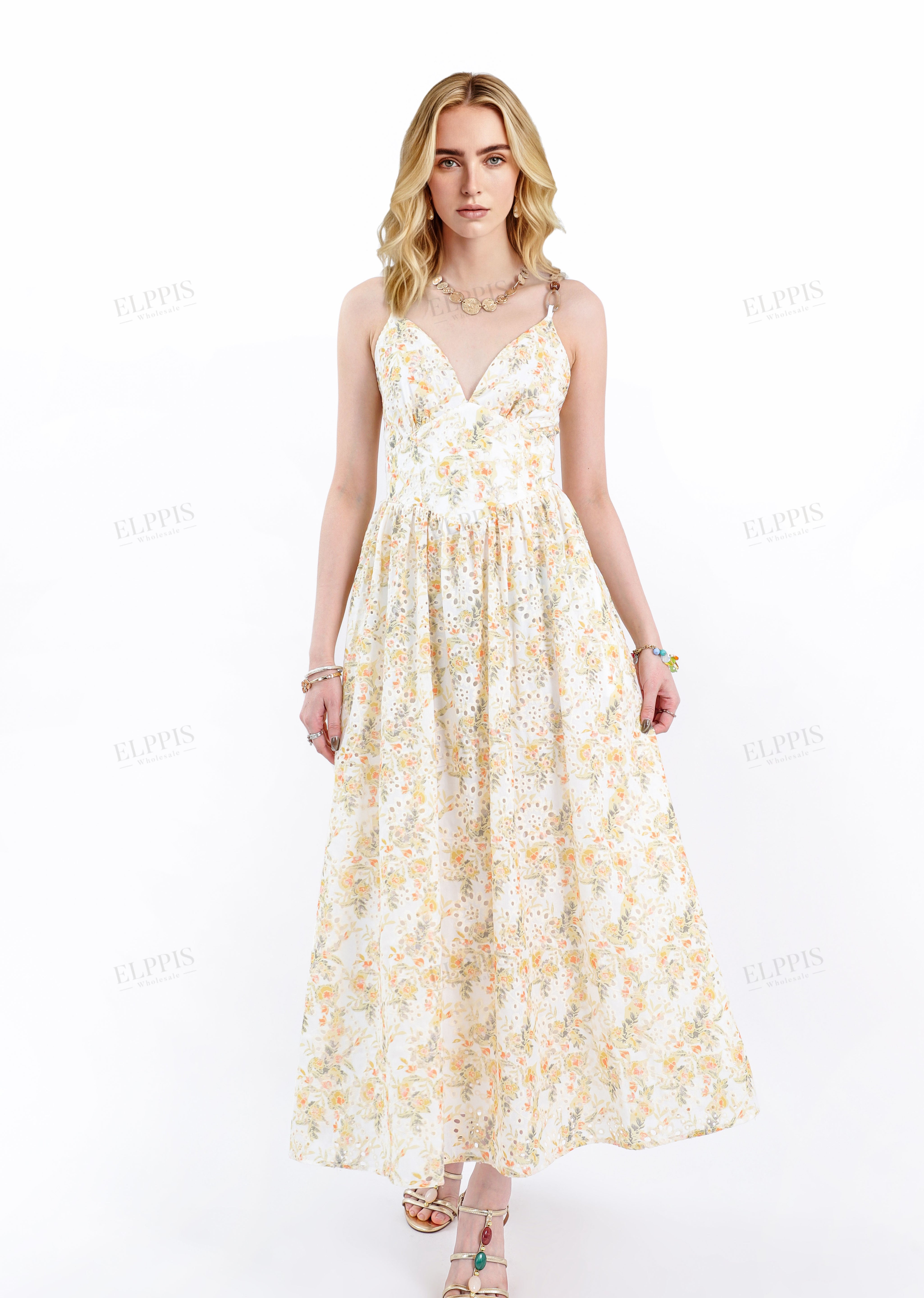 Cream & Yellow Floral Spaghetti Strap Midi Dress