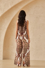 Ivory & Multi-Tone Ornate Pattern Wide-Leg Pants