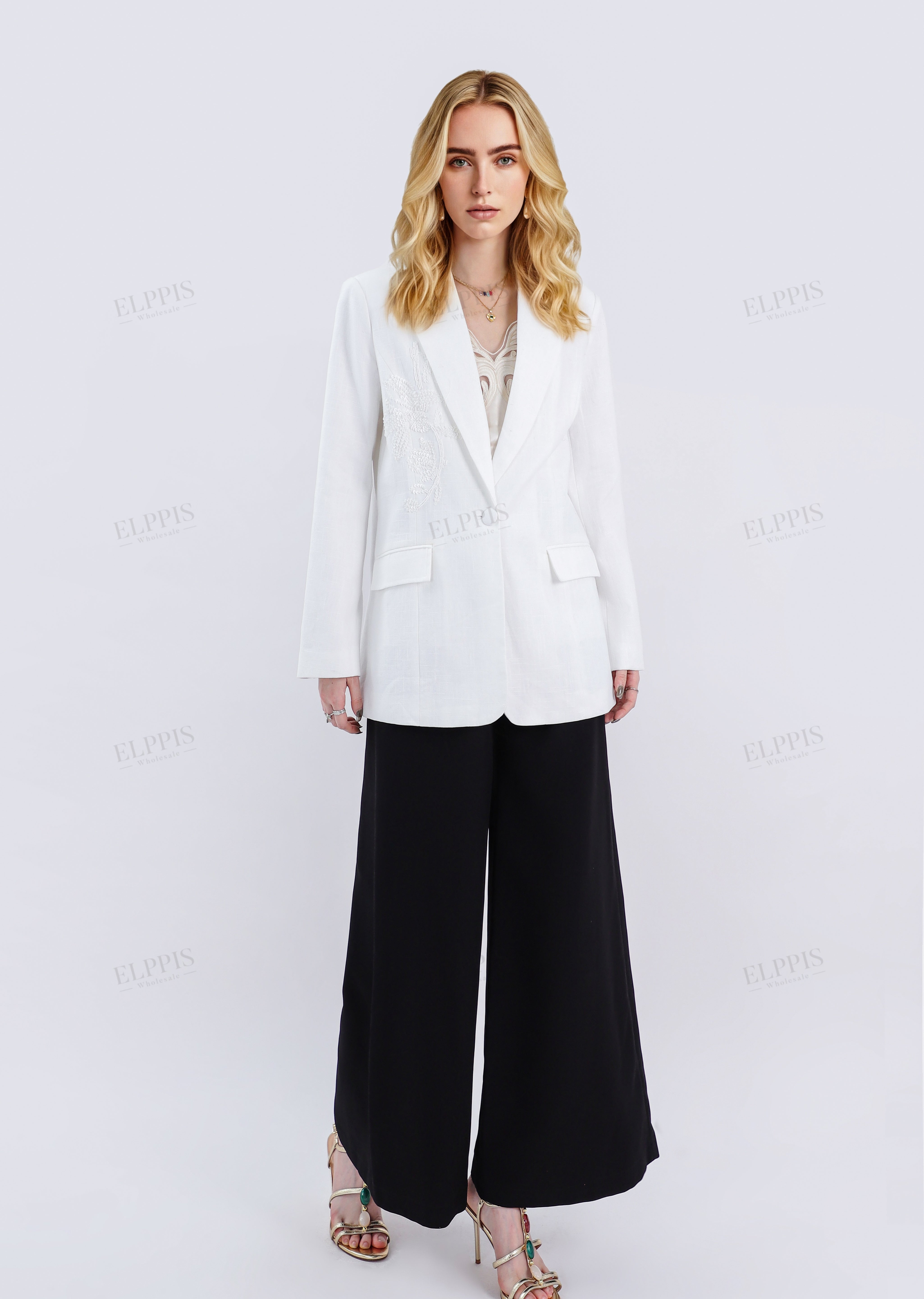 White Tailored Blazer with Beaded Floral Embroidery