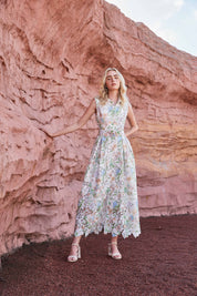 Eyelet Floral Print Sleeveless Midi Shirt Dress with Belt