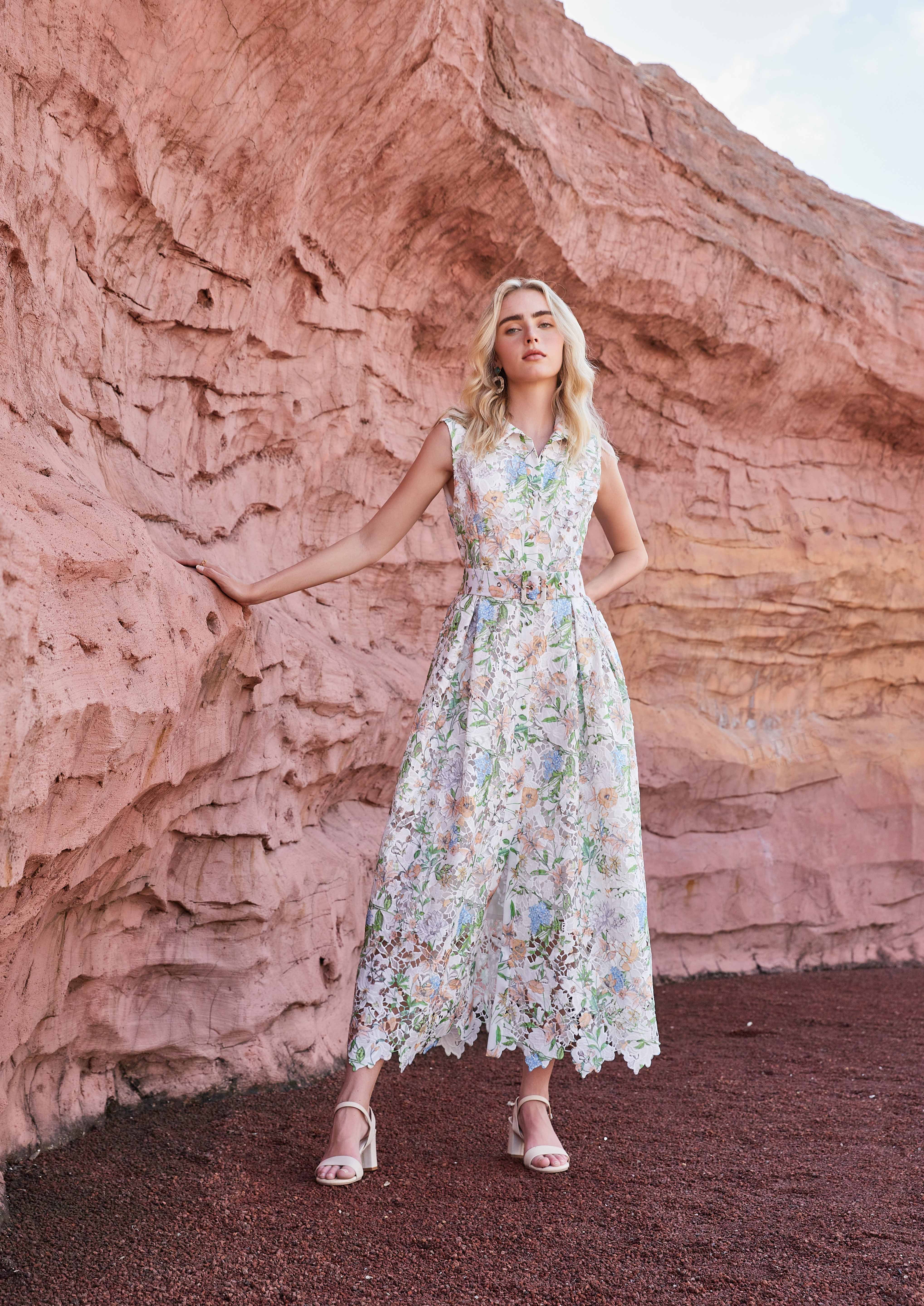 Eyelet Floral Print Sleeveless Midi Shirt Dress with Belt