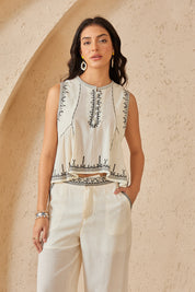 Cream Sleeveless Top with Black Embroidered Trim
