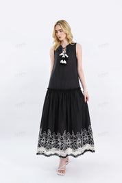 Black Sleeveless Midi Dress with White Lace Hem & Tassel Detail