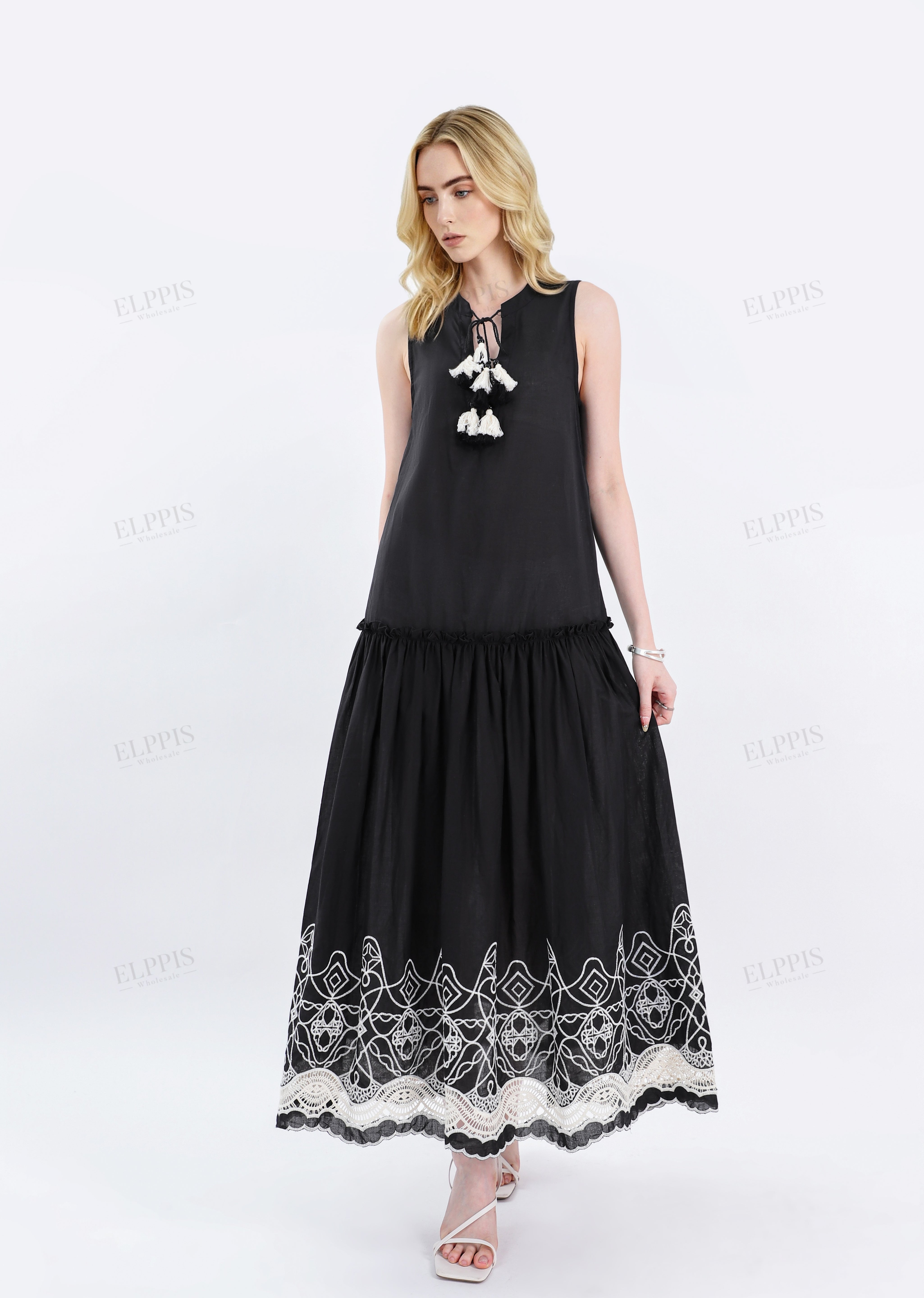 Black Sleeveless Midi Dress with White Lace Hem & Tassel Detail
