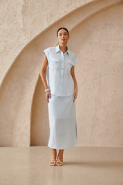 Sky Blue Cotton-Linen Maxi Skirt