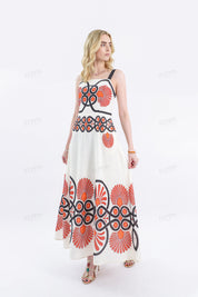 Cream Sleeveless Maxi Dress with Red & Black Geometric Print