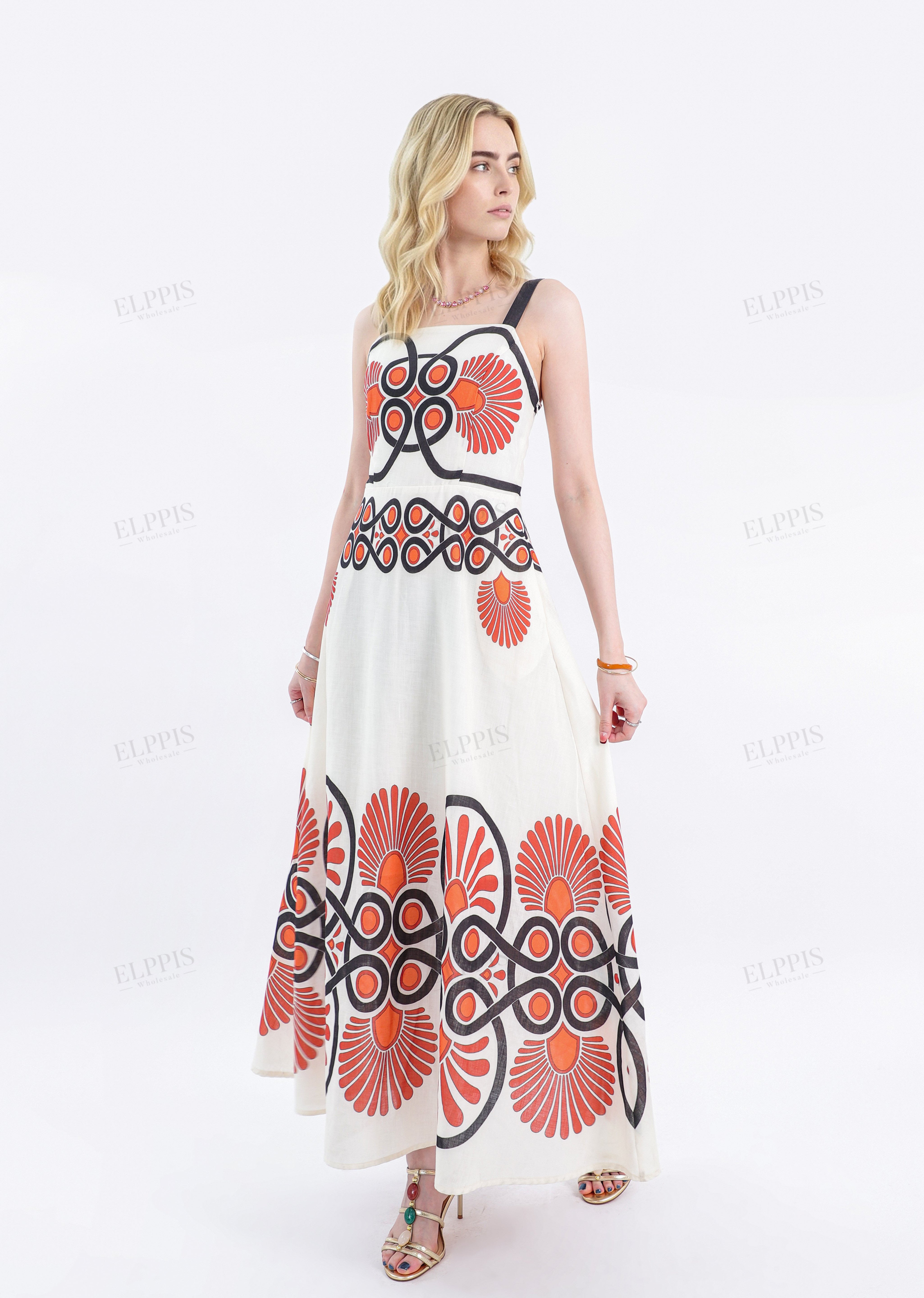 Cream Sleeveless Maxi Dress with Red & Black Geometric Print