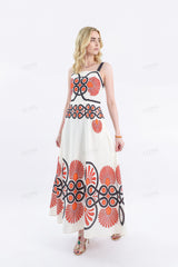 Cream Sleeveless Maxi Dress with Red & Black Geometric Print