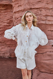Blush Pink Sheer Organza Shirt with Tiered Ruffle Detail