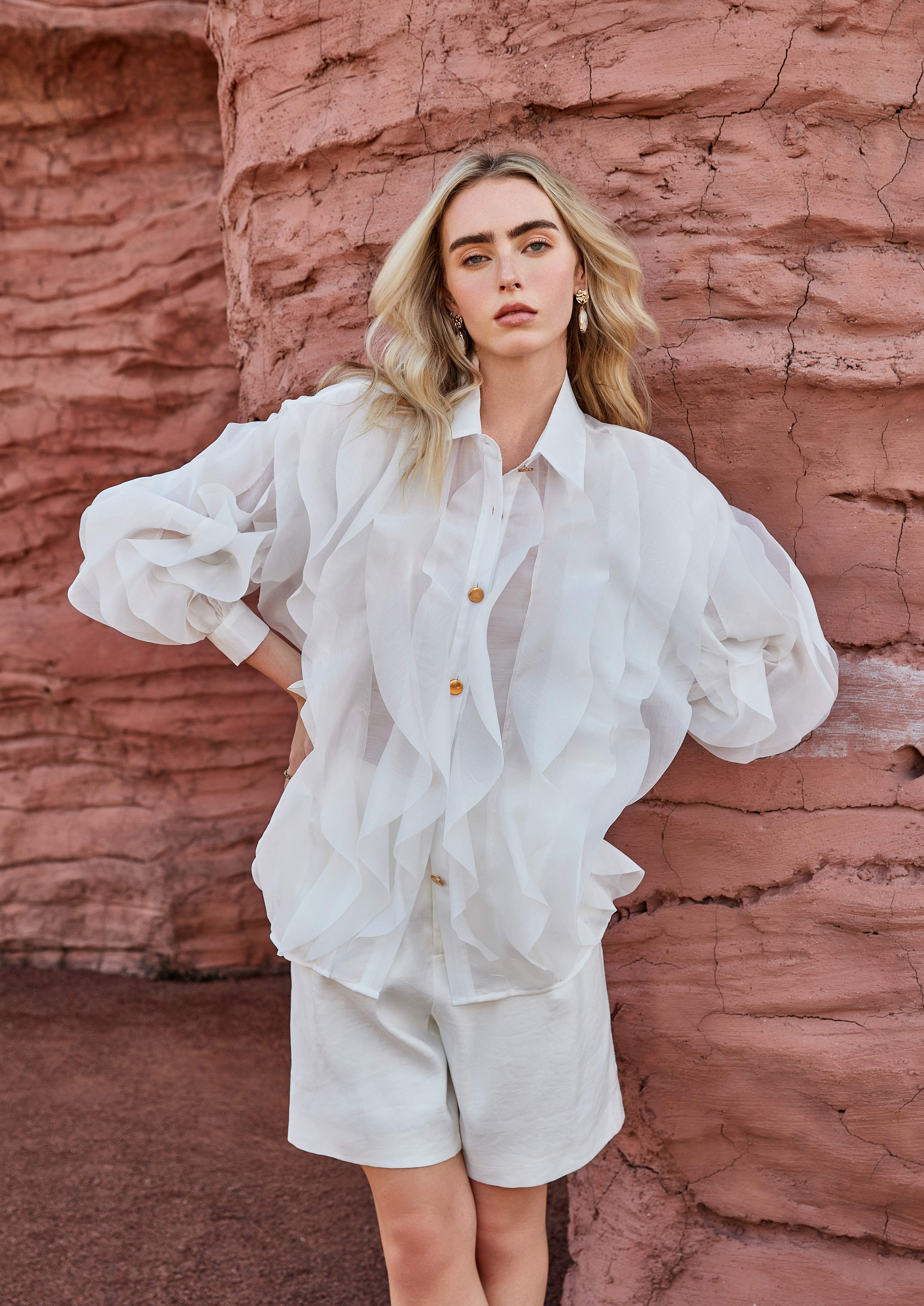 Blush Pink Sheer Organza Shirt with Tiered Ruffle Detail