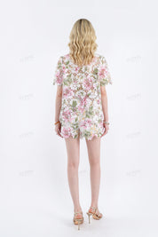 Floral Print Eyelet Lace High-Waisted Shorts with Belt