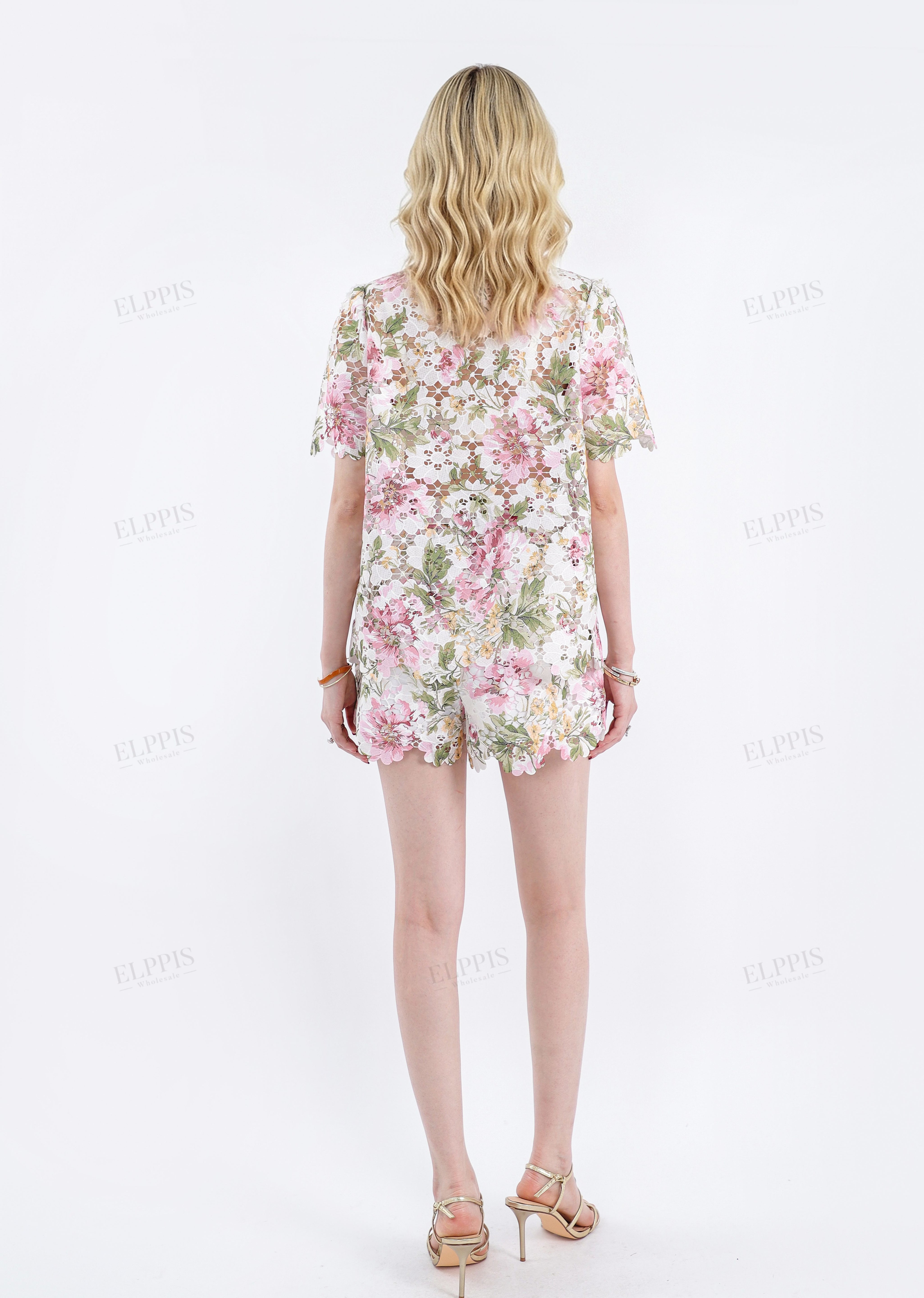 Floral Print Eyelet Lace High-Waisted Shorts with Belt