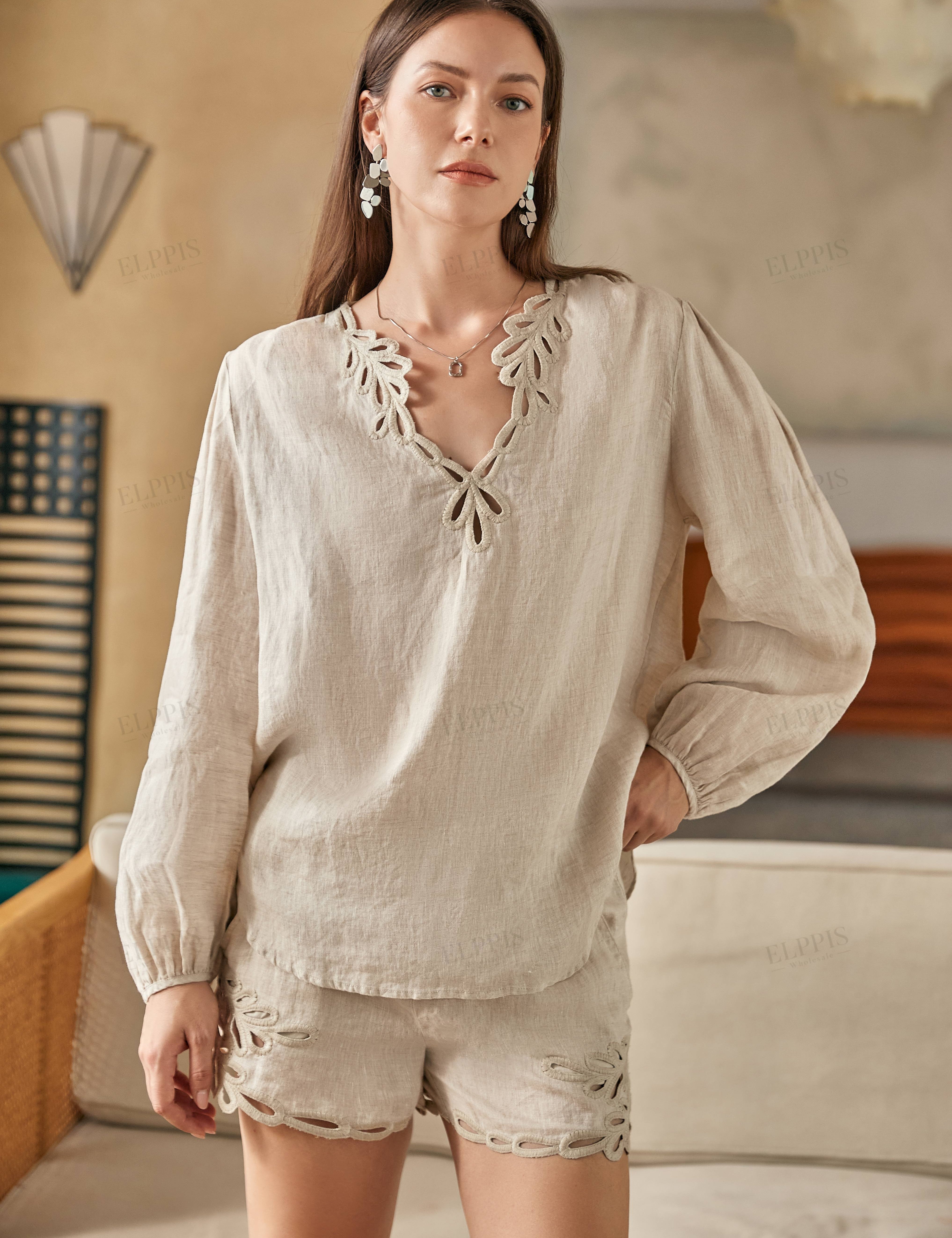 Beige Ramie Shorts with Cutwork Embroidery Trim