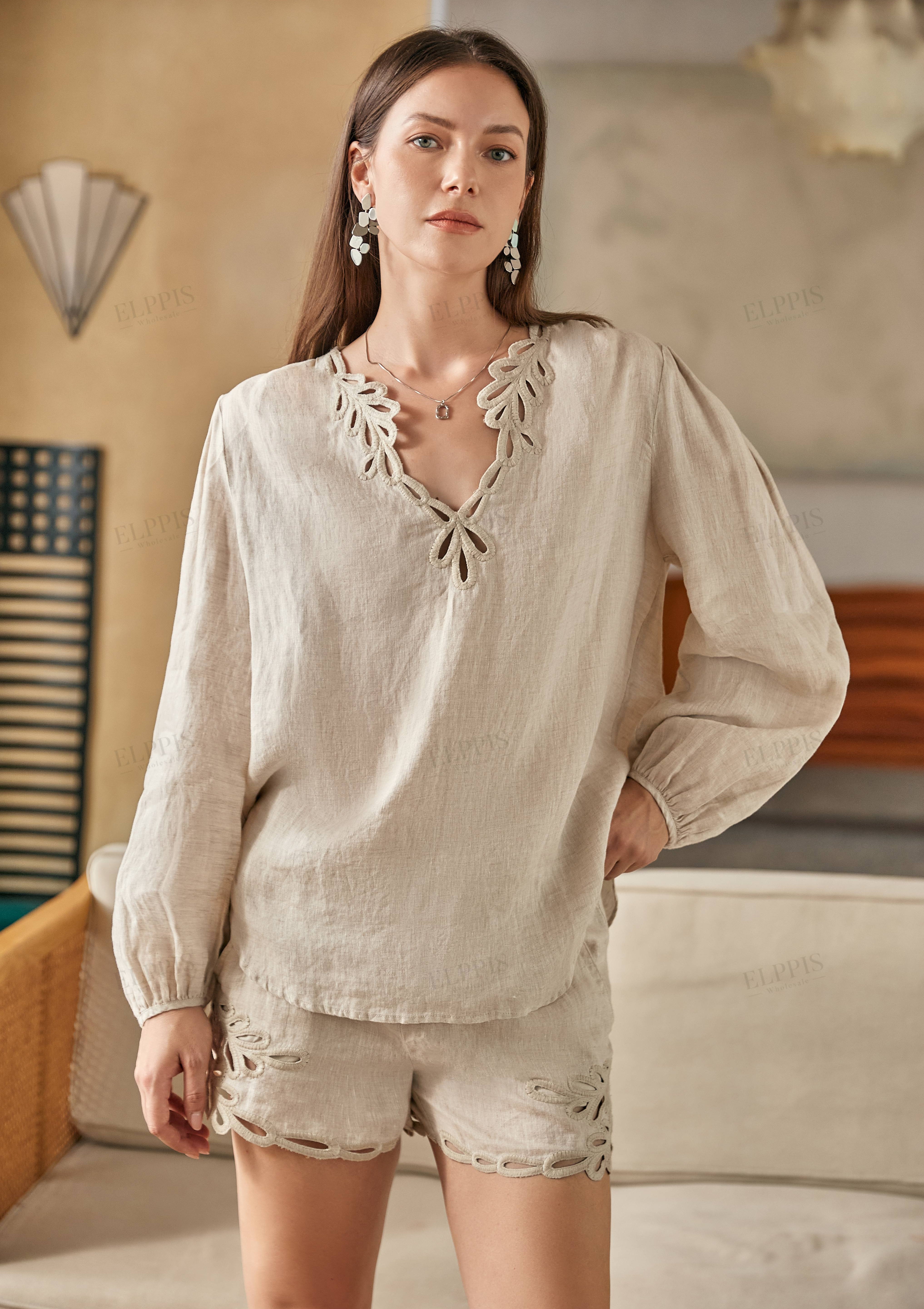 Beige Ramie Shorts with Cutwork Embroidery Trim