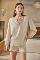 Beige Ramie Shorts with Cutwork Embroidery Trim