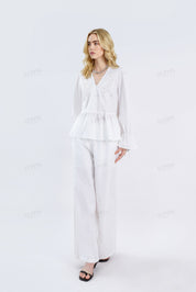 White Woven Blouse with Sequin Embroidery & Peplum Hem