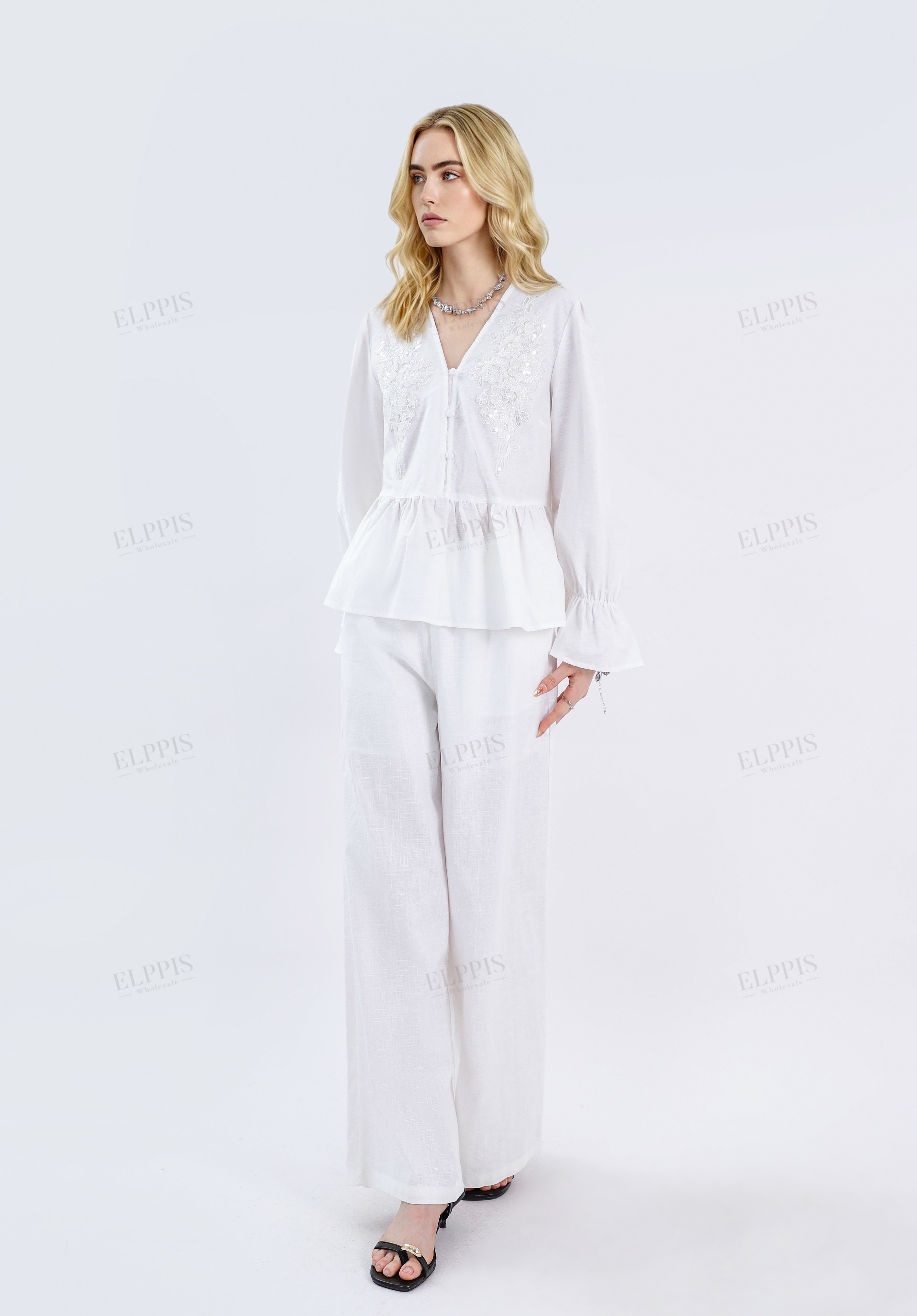 White Woven Blouse with Sequin Embroidery & Peplum Hem