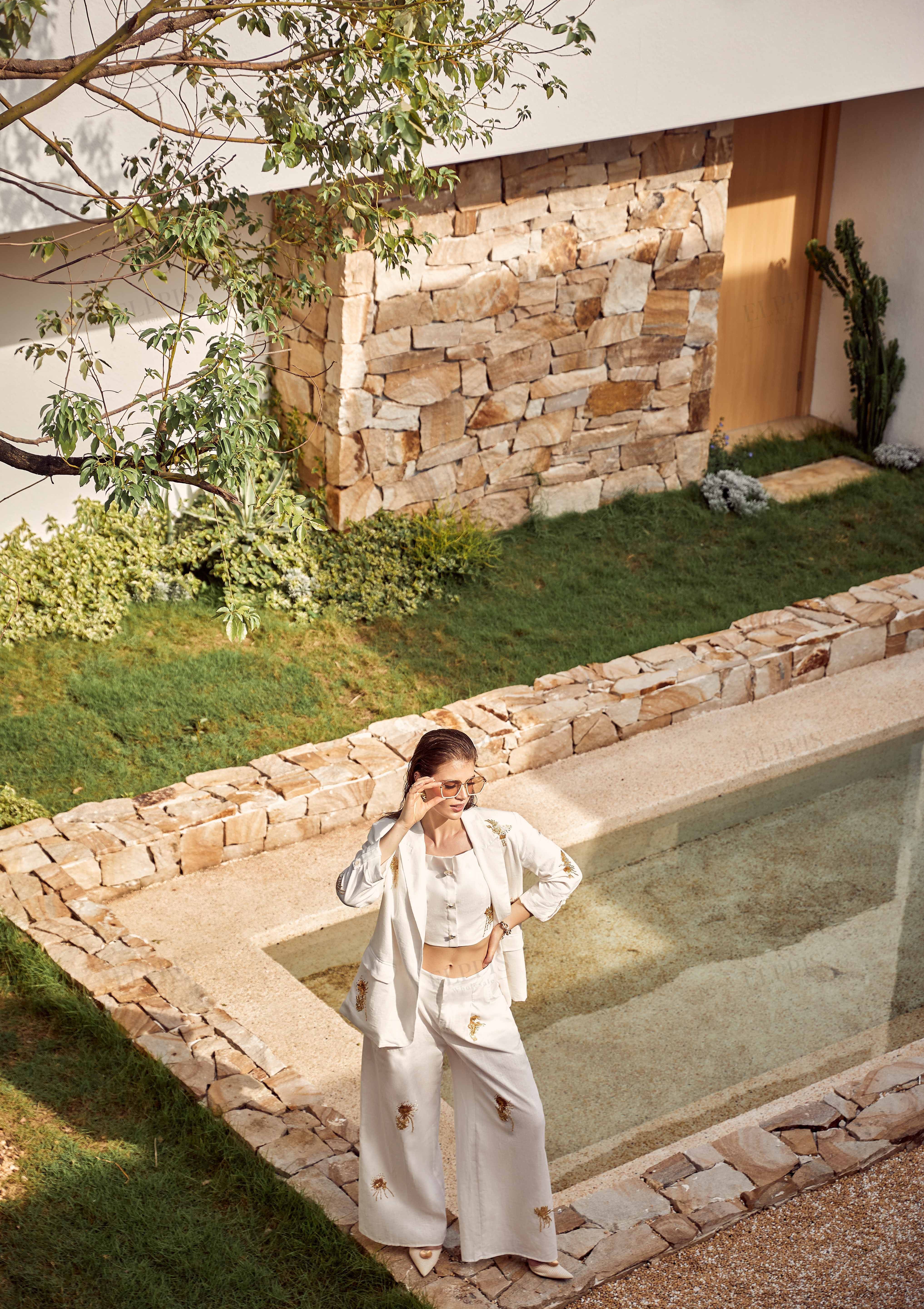 White Linen-Blend Wide-Leg Pants with Gold Crane Embroidery