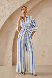 Blue & White Striped Oversized Linen-Blend  Long Sleee Shirt
