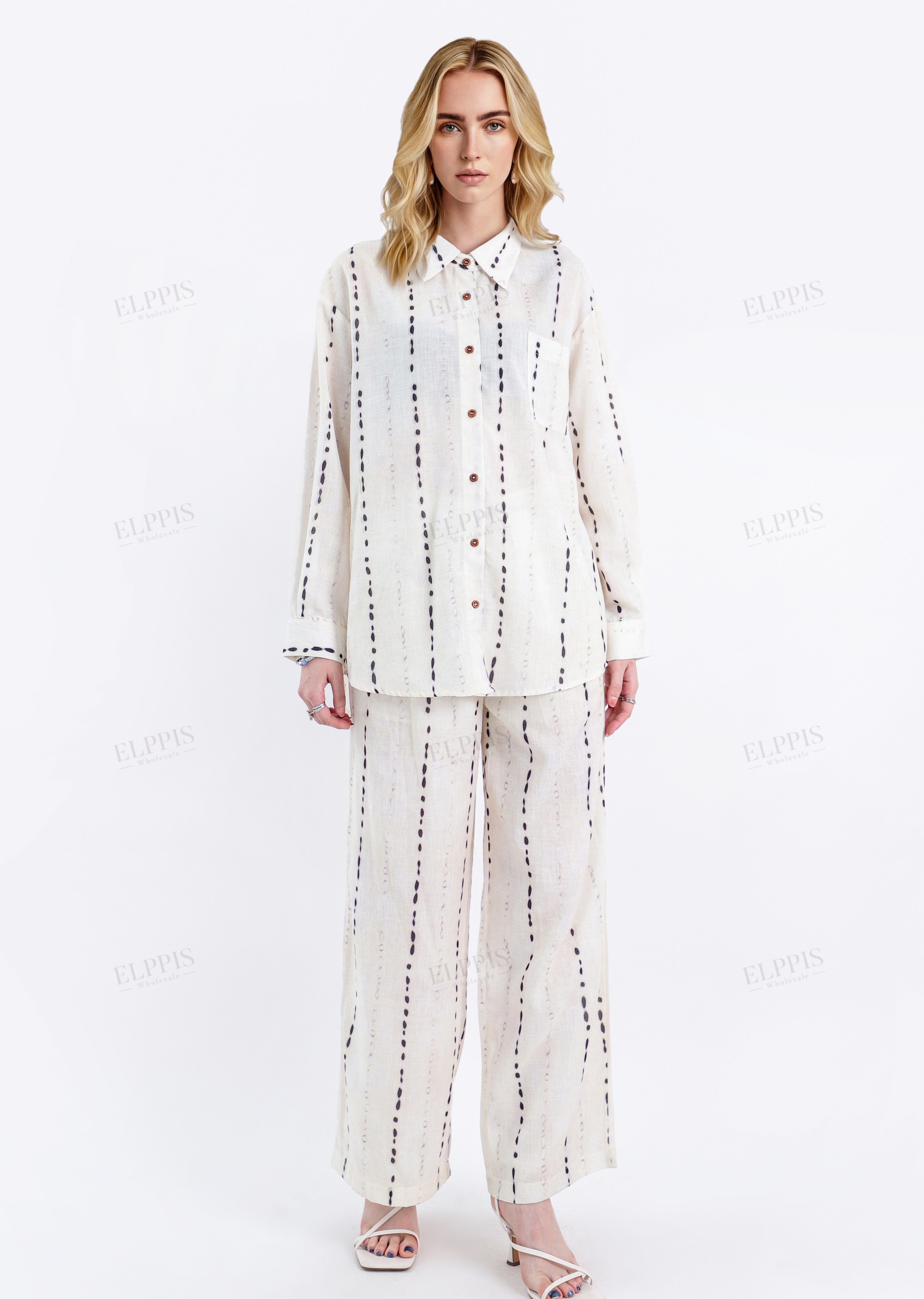 Cream Linen-Blend Wide-Leg Pants with Black Dot Stripes