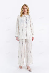 Cream Linen-Blend Long-Sleeve Shirt with Black Dot Stripes
