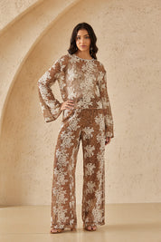 Brown & White Floral Lace Wide-Leg Pants