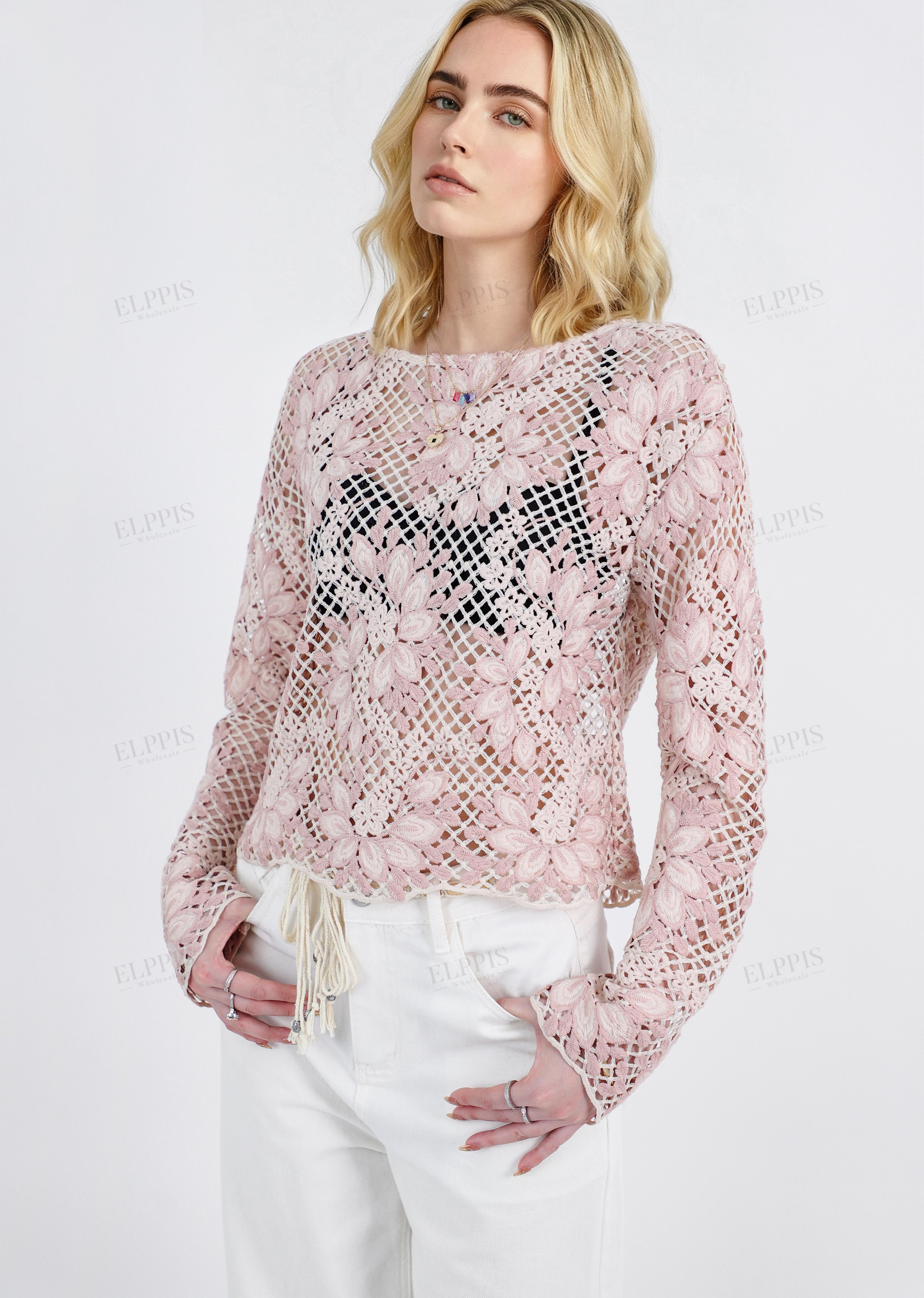 Blush & Cream Floral Lace Long-Sleeve Cropped Top