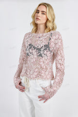 Blush & Cream Floral Lace Long-Sleeve Cropped Top