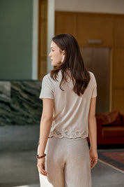 Cream Lace-Detail Crewneck Short-Sleeve Top