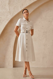 Beige Linen-Blend Shirt Dress with Belt